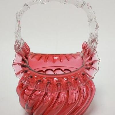 1054	CRANBERRY SWIRL THORN HANDLE ART GLASS BASKET, POLISHED PONTIL, 7 1/2 IN WIDE X 8 IN HIGH

