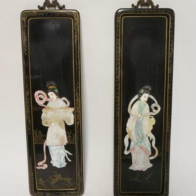 1019	PAIR OF BLACK LACQUERED ASIAN WALL PLAQUES W/CARVED MOTHER OF PEARL APPLIED CARVINGS, 5 IN X 17 IN
