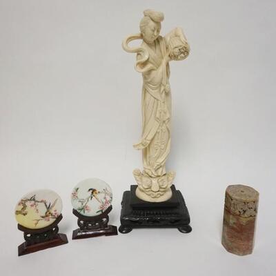 1023	4 PIECE ASIAN LOT, CARVED STONE STAMP, COMPOSITE STATUE & 2 SMALL DISKS IN WOOD HOLDERS W/IMAGES OF BIRDS, STATUE IS 16 IN
