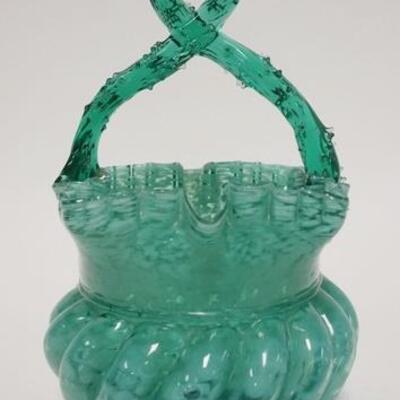 1084	ART GLASS BASKET W/THORN HANDLE, WHITE SPATTER ON AQUA, ROUGH PONTIL, 8 1/2 IN HIGH
