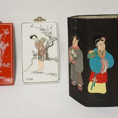 1024	ASIAN LOT, 2 LACQUERED SCREENS W/ APPLIED STONE CARVINGS & SEWN CLOTH ASIAN FIGURES
