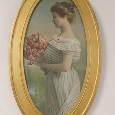 1063	PRINT OF A LADY W/BOUQUET OF ROSES IN AN OVAL GILT FRAME W/BRASS TRIM, 14 IN X 23 3/4 IN INCLUDING FRAME
