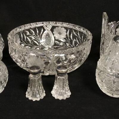 1316	CUT CRYSTAL LOT, SALT & PEPPER SHAKERS HAVE STERLING SILVER TOPS, BOWL IS 8 3/4 IN
