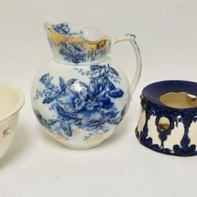 1336	4 PIECES CERAMIC, OVENWARE BOWL, ENGLISH *PETUNIA* PITCHER W/BLUE & GOLD, A GENTS SPITTOON & A LADYS SPITTOON, TALLEST IS 11 1/4 IN
