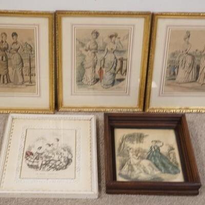 1312	5 FASHION PRINTS, 3 IN MATCHING GOLD FRAMES, ONE IN WALNUT VICTORIAN FRAME
