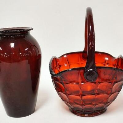 1298	RUBY GLASS VASE & LARGE BASKET, BASKET HAS THE INITIALS JB WHERE HANLE IS APPLIED & IS 10 IN  CORNER TO CORNER X 11 IN HIGH
