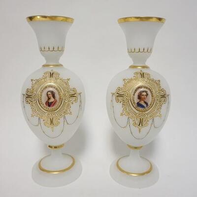 1015	PAIR OF SATIN GLASS BRISTOL VASES W/HAND PAINTED MEDALLION PORTRAITS & GILT ACCENT TRIM, 12 IN HIGH
