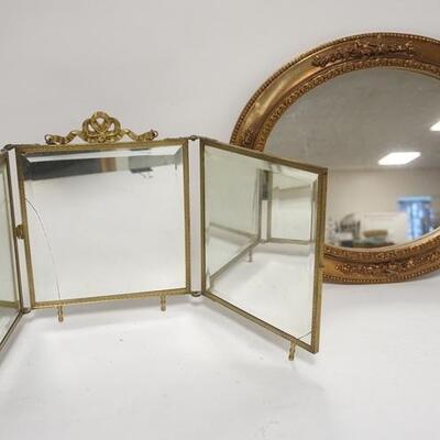 1338	2 MIRRORS, VICTORIAN FOLDING 3 SECTION (ONE IS CRACKED) & SMALL OVAL HANGING MIRROR, 17 IN X 13 1/2 IN

