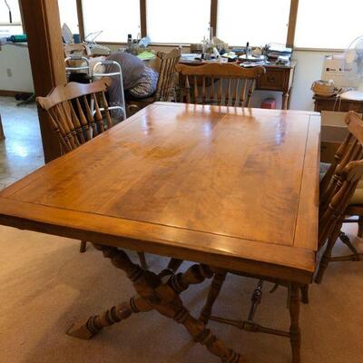 Dining Room Table & Chairs - Solid wood table with 2 leaves and 6 chairs.  Very sturdy and in great shape!
Each leaf is 15” so together...