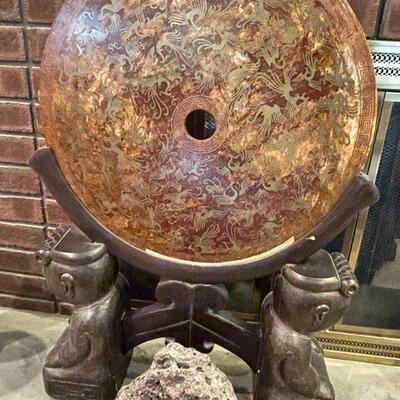 2 of 2 - Bronze Chinese Celestial Dragon Bi Disc mounted on Wooden Buddha Sculpture Disc:(23.75