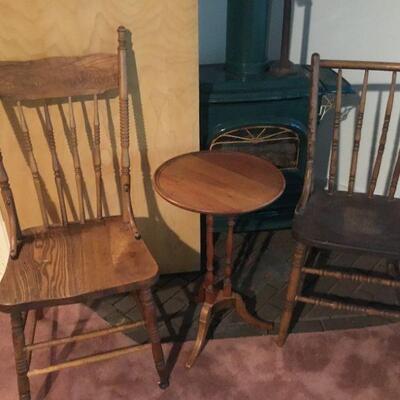 Antique Spindle-back Side Chairs, Small Pedestal Table