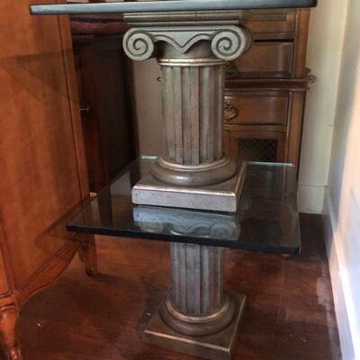 2 End Tables with Column Base and Thick Glass Top