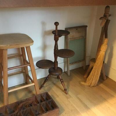 Vintage Washboard, Hand Broom and Stand.