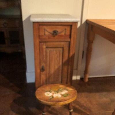 Oak One Door Cabinet with Marble top. Step Stool/Foot Rest.