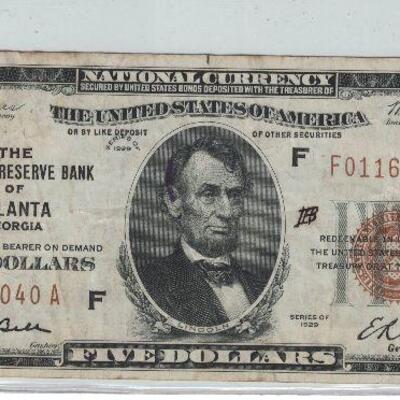 https://www.ebay.com/itm/125009273162	LRM8349 US $5 1929 Federal Reserve Atlanta Note FR1850 W3R	Offer	 $109.99 
