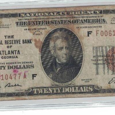 https://www.ebay.com/itm/115101179024	LRM8341 US $20 1929 Federal Reserve Atlanta Note W3M	Offer	 $99.99 
