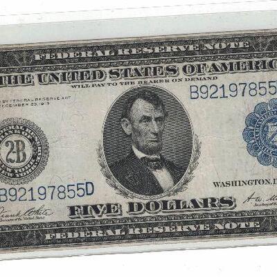 https://www.ebay.com/itm/125009253881	LRM8340 US $5 1914 Federal Reserve New York Note FR851A W10	Offer	 $299.99 
