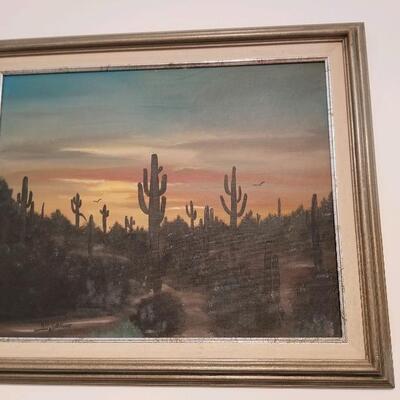 Framed painting of desert landscape with suguaro cacti - signed Rip Collins