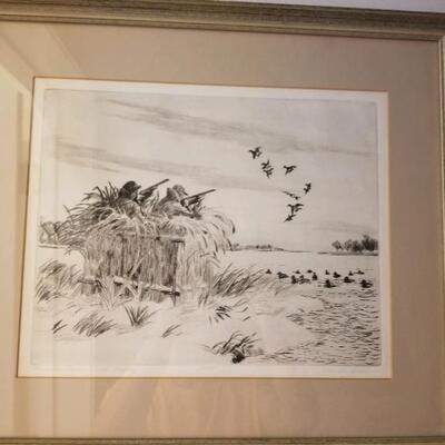 Framed print - pen and ink style drawing of duck hunters