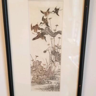 Framed oriental style print - lotus and diving birds