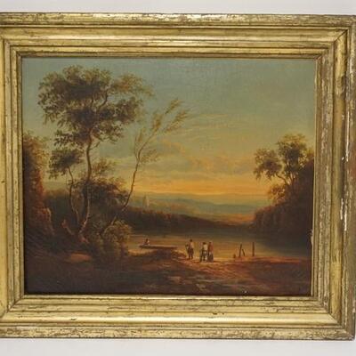 1087	OIL ON CANVAS LANDSCAPE, 1856 W/PEOPLE ON A LAKE SHORE, RELINED, SGINED LOWER RIGHT & DATED 1856, CANVAS IS 18 1/4 IN X 15 1/4 IN,...