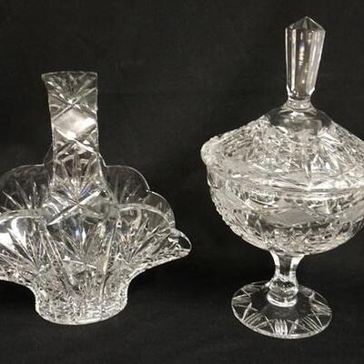 1073	2 LARGE PIECES OF CUT CRYSTAL, BASKET & COVERED COMPOTE, TALLEST IS 13 IN
