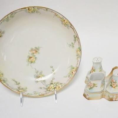 1074	HAND PAINTED CHINA BOWL & CONDIMENT SET, BOWL IS 10 IN
