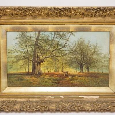 1082	L SMITH OIL ON CANVAS *BURNHAM BEECHES* LANDSCAPE W/PEOPLE, RELINED, SOME LOSSES TO THE FRAME, CANVAS IS 19 3/4 IN X 12 IN, WITH...