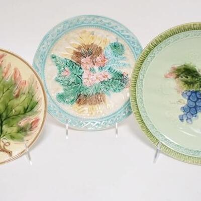 1076	3 MAJOLICA PLATES, ONE IS MARKED GERMANY, LARGEST IS 9 1/8 IN
