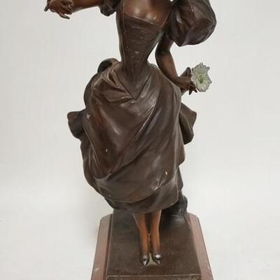 1001	V BRUYNEEL *COQUETTE* BRONZE FINISH METAL FIGURE ON A RED MARBLE BASE, TITLE PLATE NEEDS TO BE REATTACHED, 21 IN HIGH
