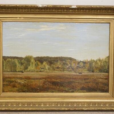 1084	OIL ON BOARD LANSCAPE FARM SCENE W/COWS, STRUCTURE IN THE DISTANCE, UNSIGNED, SOME LOSSED TO FRAME, IMAGE IS 34 IN X 22 IN, WITH...