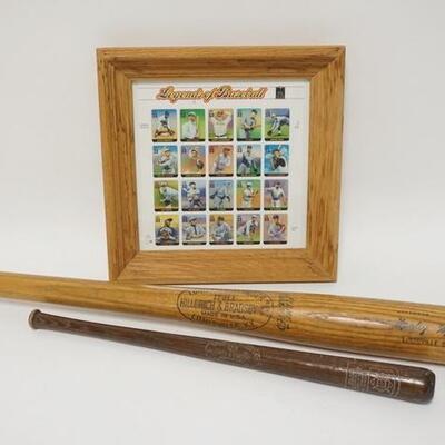 1080	3 PIECE BASEBALL LOT, H&B MICKEY MANTLE BAT, 28 IN, MINI COOPERSTOWN BAT & SHEET OF LEGENDS OF BASEBALL 33 CENT STAMPS, 2000
