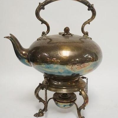 1004	SILVERPLATED TEAPOT ON CLAW FOOT, TILT STAND W/BURNER, FRUIT FINIAL, FLOWER ENGRAVING, NOT MONOGRAMMED, 14 IN HIGH
