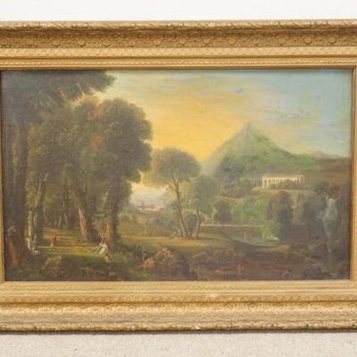 1081	EARLY 19TH OR LATE 18TH CENTURY OIL ON CANVAS,  ROMANTIC LANDSCAPE, HAS STRUCTURE W/COLUMNS, MOUNTAIN & BODY OF WATER, PEOPLE LOWER...