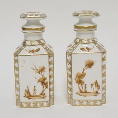 1031	2 HAND PAINTED SPANISH PORCELAIN COLOGNE BOTTLES, 7 IN HIGH
