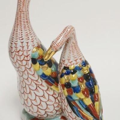 1050	COLORFUL ASIAN PORCELAIN GEESE, CHARACTER SIGNED, HAND PAINTED, 9 3/4 IN HIGH
