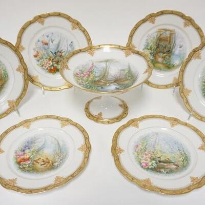 1017	EXCEPTIONAL HAND PAINTED PORCELAIN SET, 7 PIECES, COMPOTE (8 3/4 IN DIAMETER X 5 5/8 IN HIGH) & 6-8 3/4 IN PLATES EACH W/A DIFFERENT...