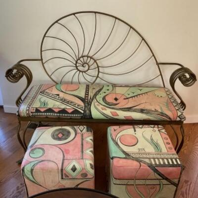 Signed, hand painted leather and metal â€œshell backâ€ settee w/ 2 cube ottomans