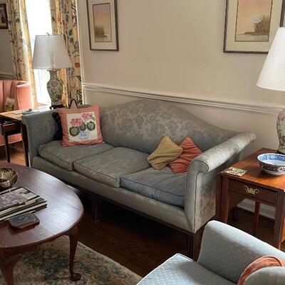 Camelback sofa/damask upholstery