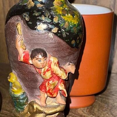 Japanese Stoneware Pottery Vase with Applique'