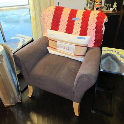 Lovely living room accent chair & C-frame metal end tables. Large roll of wrapping paper from Restoration Hardware - sage green...