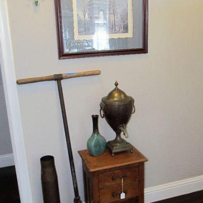 Antique WW2 artillery shell, antique brass coffee urn, antique garden tool, & small antique table - cute!  