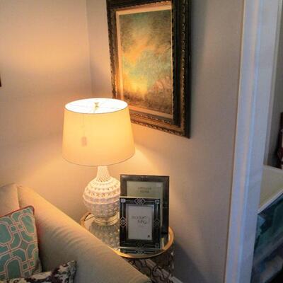 Mid-century framed painting by artist by John Bordiuk, Designer lamps pair(1 shown)