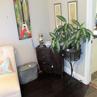Perfect size antique chest w/ original pulls. Metal plant stand, & decor art throughout the home.