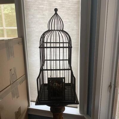 Vintage Metal Bird Cage. Twisted Wood Pedestal