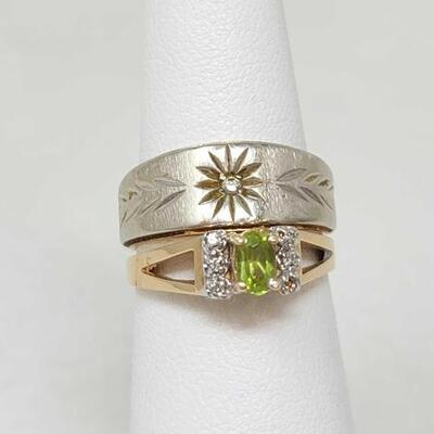 #796 â€¢ 14k Lime Citrine Stone with Diamond Accents and 14k Gold Engraved Ring with Diamond, 7.3g approx size 5.5.
