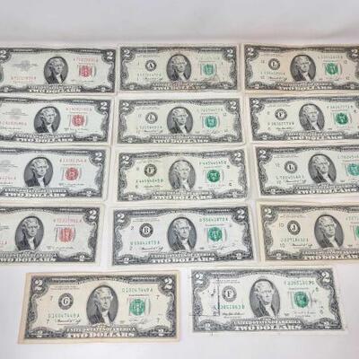 #1550 â€¢ (4) Red Seal $2 Notes and (10) Green Seal $2 Notes 1953-1995