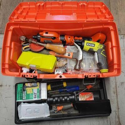 #7558 â€¢ Home Depot Tool Box with Assortment of Tools