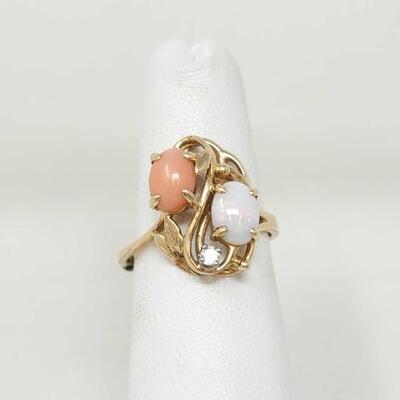 #802 â€¢ 14k Gold Ring with Coral, Opal Stone and Diamond, 3.3g