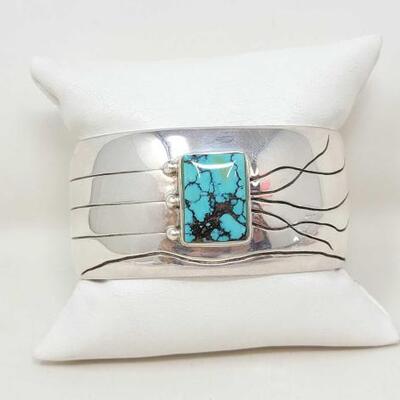 #952 â€¢ Engraved Sterling Silver Cuff with Turquoise Stone, 66g